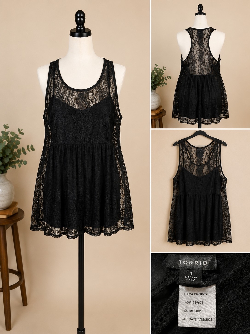TORRID Black Lace Sleeveless Babydoll Top Size 1